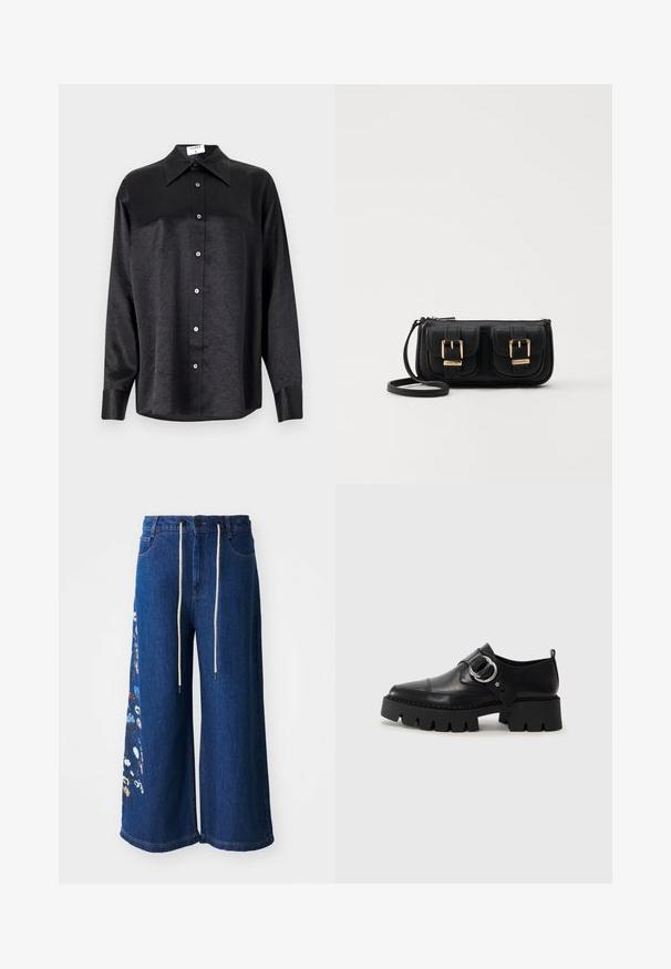 Black long-sleeve shirt with a collared neckline, featuring a crinkled texture, full button front, and cuffs. Made from a smooth fabric.; Wide-leg denim trousers in dark blue with floral embroidery detail on the left leg. Features a drawstring waist and classic five-pocket design.; Black leather shoes with a chunky, ribbed sole, featuring a circular silver hardware accent and minimal stitching detail.; Black leather crossbody bag with two front pockets, gold buckles, zipper closure, and a slim strap. Textured surface and compact rectangular shape.
