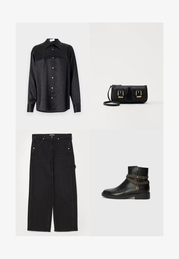 Černá košile s dlouhým rukávem a límečkem, s jakostní texturou, plně zapínací, s manžetami. Vyrobena z hladkého materiálu.; RE/DONE PAINTER JEAN - Džíny Relaxed Fit - crafted black; Černá kožená kotníková bota s plochou podrážkou, s hnědým vzorovaným páskem a zlatými kovovými detaily. Hladká textura.; Černá kožená crossbody taška se dvěma předními kapsami, zlatými přezkami, zipovým uzávěrem a štíhlým popruhem. Texturovaný povrch a kompaktní obdélníkový tvar.