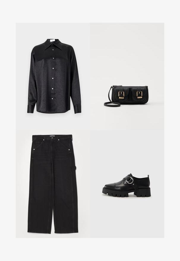 Camisa negra de manga larga con cuello, que presenta una textura arrugada, botón frontal completo y puños. Fabricada en un tejido suave.; RE/DONE PAINTER JEAN - Vaqueros boyfriend - crafted black; Zapatos de cuero negro con una suela gruesa y estriada, que presentan un acento de hardware plateado en forma circular y un detalle de costura mínima.; Bolso cruzado de cuero negro con dos bolsillos frontales, hebillas doradas, cierre de cremallera y una correa delgada. Superficie texturizada y forma rectangular compacta.
