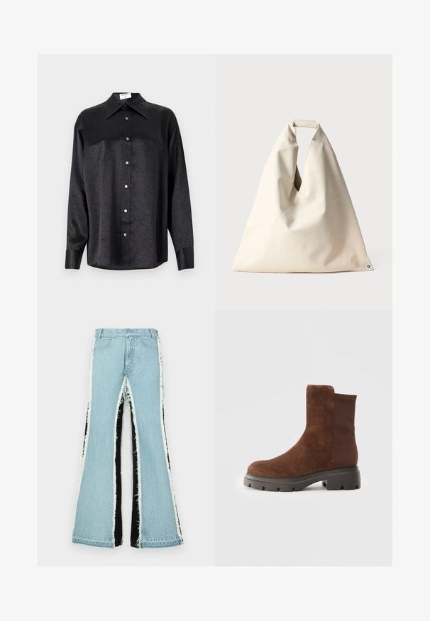 Juodas ilgarankovis marškinis su apykakle, turintis plėšyta tekstūra, visiško mygtukų uždarymo priekyje ir rankogaliais. Pagamintas iš lygaus audinio.; Šviesiai mėlynos plačios džinsinės kelnės su juodomis šoninėmis juostomis, suplėšytais kraštais ir aukštu liemeniu. Turi standartinius kišenių ir diržo kilpas.; Rudos suedes batai iki kulkšnių su elastingais šonų intarpais, apvaliu nosiu ir stora gumuota pašluota, turinčia tekstūruotą protektorių.; Bežinė, minkštos tekstūros rankinė su unikalia susuktų rankenų konstrukcija ir įstrižomis siūlėmis. Minimalistinio dizaino su apvaliu akcentu apačioje.