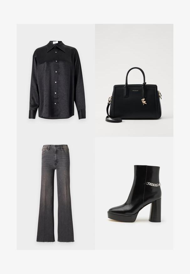 Black long-sleeve shirt with a collared neckline, featuring a crinkled texture, full button front, and cuffs. Made from a smooth fabric.; High-waisted faded black wide-leg jeans with button closure, front pockets, and raw frayed hems.; Black patent leather ankle boot with a chunky platform and high block heel. Features a silver chain accent on the side. Smooth texture.; Black leather handbag with structured design, dual top handles, detachable shoulder strap, gold hardware, and a logo charm accent.