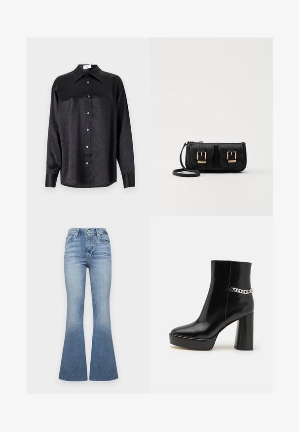 Chemise noire à manches longues avec un col, présentant une texture froissée, une fermeture à boutons sur le devant et des poignets. Fabriquée en tissu lisse.; Jeans évasés taille haute en jean bleu clair avec un effet dégradé. Comprend cinq poches et un bouton de fermeture à l'avant.; Bottine noire en cuir verni avec une plateforme épaisse et un haut talon bloc. Caractérisée par un accent en chaîne argentée sur le côté. Texture lisse.; Sac en cuir noir porté en travers avec deux poches avant, boucles dorées, fermeture zippée et une sangle fine. Surface texturée et forme rectangulaire compacte.