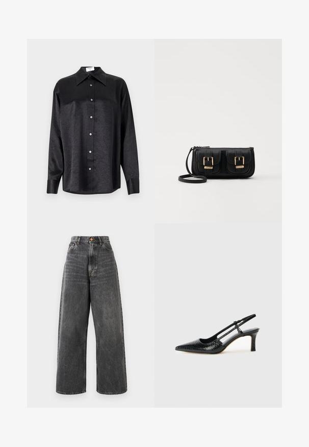 Svart langermet skjorte med krage, som har en rynket tekstur, fullt knappet front og mansjetter. Laget av et glatt stoff.; Høytlivde brede jeans i falmet svart denim med frontlommer, beltestropper og lukking med kobberknapp.; Sorte patent slingback hæl med spids tå, featuring tekstureret slangeskind, justerbar rem og en kort, tekstureret blokhæl.; Svart skinn crossbody veske med to frontlommer, gyldne spenner, glidelåslukking og en slank stropp. Teksturert overflate og kompakt rektangulær form.