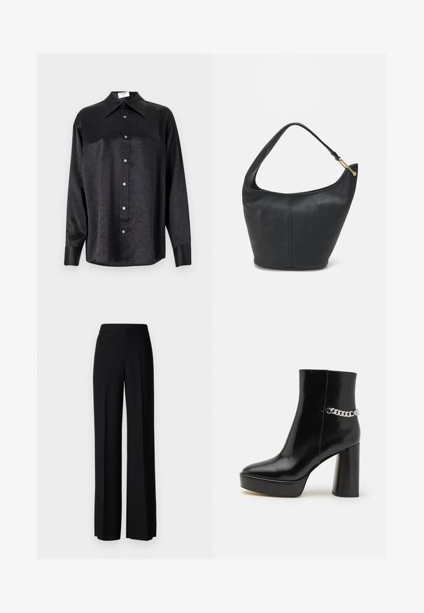 Črna srajca z dolgimi rokavi in ovratnikom, ki ima gubasto teksturo, celotno zapenjanje na gumb in manšete. Izdelana iz gladkega materiala.; Črne široke hlače z gladko teksturo, z visokim pasom in središnjimi pregibi. Brez vidnih vzorcev ali kovinskih detajlov.; Črne lakirane gležnjarje z debelo platformo in visokim blok peto. Imajo srebrno verigo kot okras ob strani. Gladka tekstura.; Črna usnjena torbica ovalne oblike, s širokim pasom in teksturirano površino. Ima subtilno šivano podrobnost in zlate dodatke.