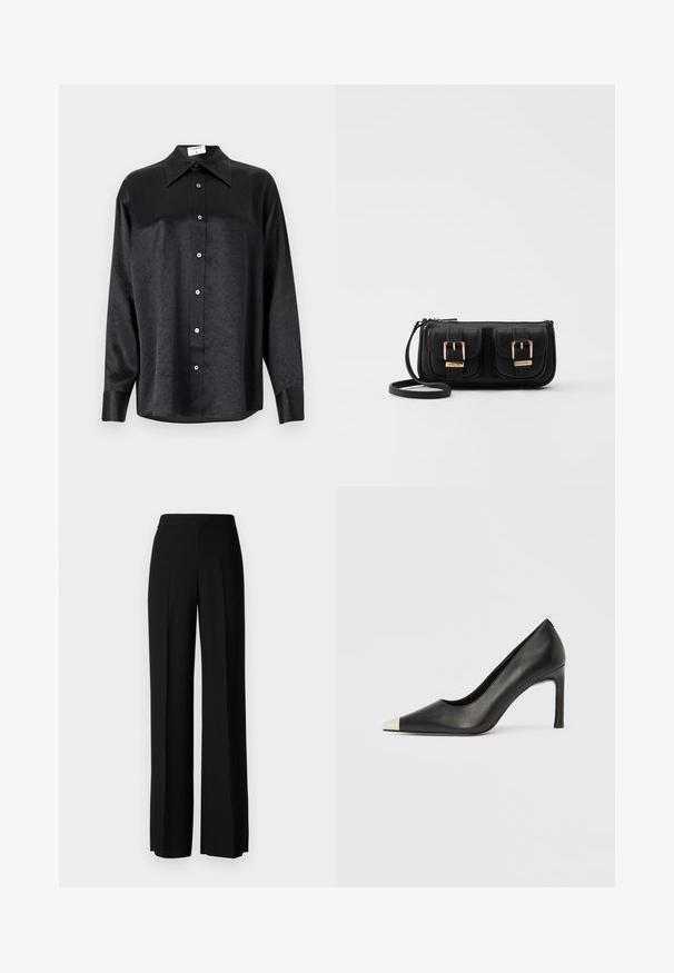 Black long-sleeve shirt with a collared neckline, featuring a crinkled texture, full button front, and cuffs. Made from a smooth fabric.; Black wide-leg trousers with a smooth texture, featuring a high waistband and center pleats. No visible patterns or hardware details.; Black leather high heel shoe with a pointed toe and a metallic silver cap. Features a smooth finish and a slender 10 cm heel.; Black leather crossbody bag with two front pockets, gold buckles, zipper closure, and a slim strap. Textured surface and compact rectangular shape.