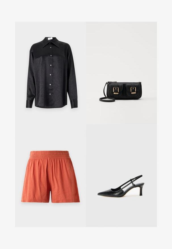 Čierna košeľa s dlhým rukávom a golierom, s pokrčenou textúrou, plne gombíkovou prednou časťou a manžetami. Vyrobená z hladkého materiálu.; Hlinená šortky terakotovej farby s elastickým pásom, vyrobené z textúrovaného materiálu, majú voľný strih a subtílnu značku na leme.; Čierne patentové slingback topánky na ihlovom podpätku s špicatou špičkou, s textúrovaným hadím vzorom, nastaviteľným popruhom a krátkym, textúrovaným blokovým podpätkom.; Čierna kožená crossbody taška s dvoma prednými vreckami, zlatými sponami, zipsovým uzatváraním a úzkym popruhom. Štruktúrovaný povrch a kompaktný obdĺžnikový tvar.