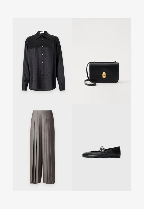 Black long-sleeve shirt with a collared neckline, featuring a crinkled texture, full button front, and cuffs. Made from a smooth fabric.; Gray wide-leg trousers with vertical pleats, tailored design, and a smooth texture. Features a high waist and a loose fit.; Black leather ballet flats with a pointed toe, featuring a strap with a circular metallic buckle and a flat sole.; Black leather handbag with a structured rectangular shape. Features a golden oval clasp and a thin shoulder strap. Smooth texture.