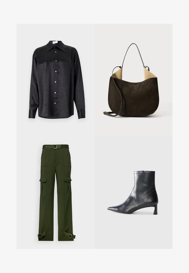 Melnas garām piedurknēm krekls ar apdari, kas piedāvā samocītu tekstūru, pilnu pogu priekšpusi un aproces. Izgatavots no gludas auduma.; Zaļas kravas bikses, kas izgatavotas no izturīgas auduma. Iezīmes ietver jostu viduklī, daudzas lielas kabatas un piepīpējamas siksnas pie potītēm.; Melnas ādas potītes zābaki ar norādītu pirkstu un elegantu dizainu. Iezīmē zemu papēdi un rāvējslēdzēja aizdari aizmugurē. Gluda tekstūra.; Tumši brūnas ādas rokassoma ar gludu faktūru, minimālistisku dizainu un kontrastējošu gaišas krāsas iekštelpu. Aprīkota ar garu ādas siksnu.