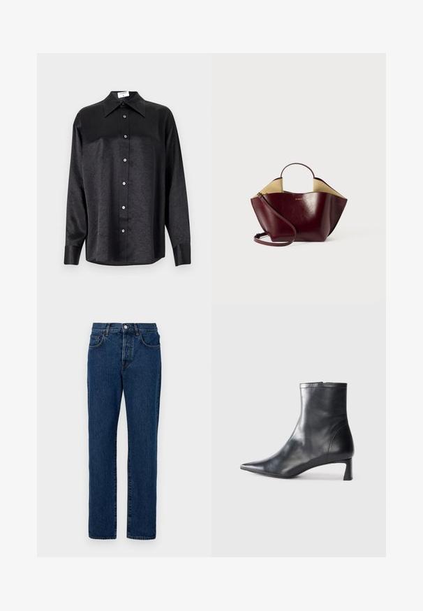 Zwarte blouse met lange mouwen en een kraag, voorzien van een gekreukt oppervlak, volwaardige knopen aan de voorkant en manchetten. Gemaakt van een gladde stof.; Donkerblauwe denim jeans met een klassieke rechte pijp, vijf zakken en zichtbare stiksels. De stof heeft een lichte textuur.; Zwarte leren enkellaars met een spitse neus en een slank ontwerp. Heeft een lage hak en een ritssluiting aan de achterkant. Gladde textuur.; Bordeaux leren handtas met een gestructureerde vorm, voorzien van een korte handgreep, een lange schouderriem en een contrasterende beige binnenkant.
