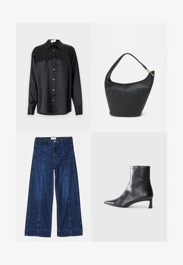 Czarna koszula z długim rękawem i kołnierzykiem, o pogniecionej teksturze, z pełnym zapięciem na guziki z przodu oraz mankietami. Wykonana z gładkiego materiału.; Szerokie dżinsowe spodnie w ciemnoniebieskim kolorze z kontrastowymi szwami, zapięciem na guzik i gładkim dołem. Wykonane z mocnego materiału bawełnianego.; Czarne skórzane botki sięgające kostki z ostrym noskiem i eleganckim designem. Posiadają niski obcas oraz zamek błyskawiczny z tyłu. Gładka faktura.; Czarna skórzana torebka o okrągłym kształcie, z szerokim paskiem i teksturowanym wykończeniem. Posiada subtelny detal szwu i akcenty w odcieniu złota.