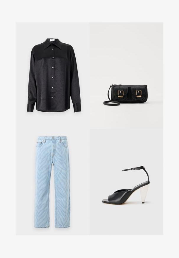 Black long-sleeve shirt with a collared neckline, featuring a crinkled texture, full button front, and cuffs. Made from a smooth fabric.; Light blue straight-leg jeans with subtle zebra stripe pattern, button and zip closure, and five-pocket design.; Black leather high heel sandal with open toe, asymmetrical design, ankle strap, and a metallic cone-shaped heel. Smooth texture throughout.; Black leather crossbody bag with two front pockets, gold buckles, zipper closure, and a slim strap. Textured surface and compact rectangular shape.