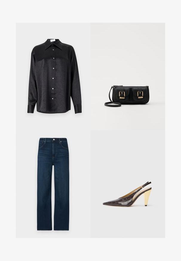 Cămașă neagră cu mânecă lungă, cu guler, cu o textură șifonată, cu nasturi pe toată lungimea și manșete. Fabricată dintr-un material neted.; Blugi din denim albastru închis, cu croială dreptă, prevăzuți cu închidere cu nasture și fermoar, detalii subtile de cusături și design cu cinci buzunare.; Pantofii cu vârf ascuțit, tip slingback, din piele sintetică lucioasă de crocodil maro închis. Include un toc geometric în nuanță de aur și o curea de gleznă ajustabilă.; Geantă neagră din piele, tip crossbody, cu două buzunare frontale, catarame aurii, închidere cu fermoar și o curea subțire. Suprafață texturată și formă rectangulară compactă.