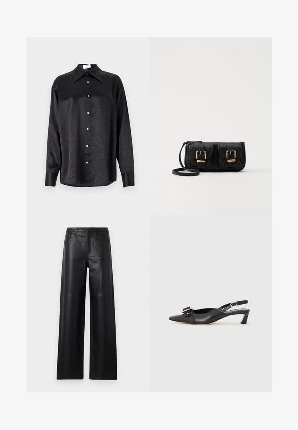 Schwarzes Langarmhemd mit kragenförmigem Halsausschnitt, mit einem zerknitterten Textur, voller Knopfleiste und Manschetten. Hergestellt aus einem glatten Stoff.; Weite schwarze Lederhosen mit glatter Textur, ausgestattet mit Fronttaschen, einem Knopfverschluss und dezenten Steppnähten.; Schwarzer Leder Slingback-Schuh mit spitzer Zehenform, kleinem Absatz und dekorativem Schnallen-Detail auf dem Obermaterial. Glatte Textur, minimalistisches Design.; Schwarze Leder-Umhängetasche mit zwei vorderen Taschen, goldenen Schnallen, Reißverschluss und einem schmalen Tragegurt. Texturierte Oberfläche und kompakte rechteckige Form.