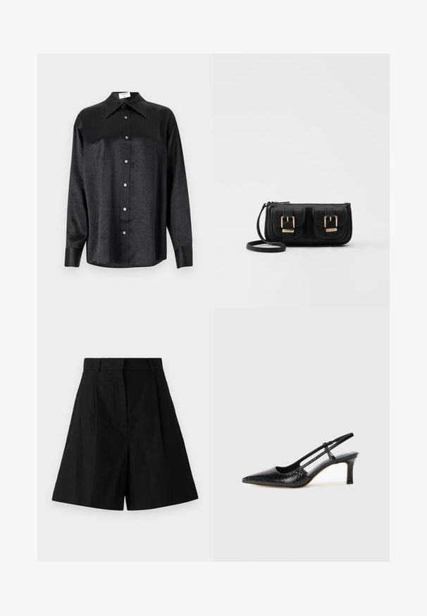Crna košulja dugih rukava s ovratnikom, s naboranom teksturom, potpuno dugmadi naprijed i manžetama. Izrađena od glatkog materijala.; Crne kratke hlače visokog struka s naboranim dizajnom, s bočnim džepovima i glatkom teksturom tkanine. Čiste linije i kroj prilagođen figuri.; Crne lakirane slingback pete s oštrim vrhom, s teksturiranim uzorkom zmijske kože, podesivom remenom i kratkom, teksturiranom blok-petom.; Crna kožna torba preko ramena s dva prednja džepa, zlatnim kopčama, zatvaranjem na zip i uskim remenom. Teksturirana površina i kompaktan pravokutan oblik.