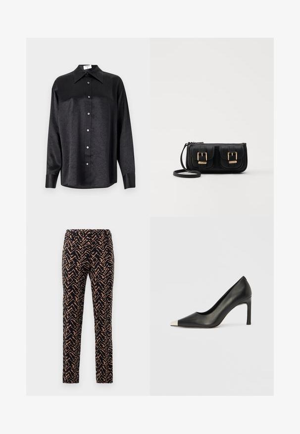 Schwarzes Langarmhemd mit kragenförmigem Halsausschnitt, mit einem zerknitterten Textur, voller Knopfleiste und Manschetten. Hergestellt aus einem glatten Stoff.; Slim-Fit-Hosen in einem Zickzackmuster, in Marineblau und Beige, mit einer glatten Textur und einem normalen Taillenbund.; Schwarzer Lederschuh mit hohem Absatz, spitz zulaufender Zehenpartie und metallischer silberner Spitze. Verfügt über eine glatte Oberfläche und einen schlanken 10 cm hohen Absatz.; Schwarze Leder-Umhängetasche mit zwei vorderen Taschen, goldenen Schnallen, Reißverschluss und einem schmalen Tragegurt. Texturierte Oberfläche und kompakte rechteckige Form.