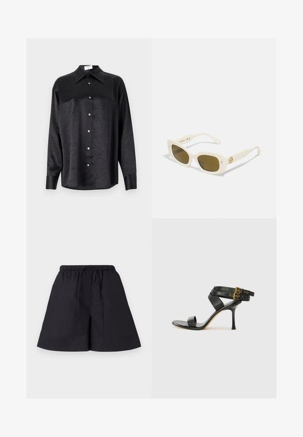 Svart langermet skjorte med krage, som har en rynket tekstur, fullt knappet front og mansjetter. Laget av et glatt stoff.; By Malene Birger FEION - Shorts - black; Svarte hælsandaler med kryssende stropper og justerbar spenne. Har en jevn tekstur og avsmalnende stilettoklakk.; Hvite plastsolbriller med rektangulær ramme, brune linser og gullakenter på brillestangen. Glatt overflate og moderne design.
