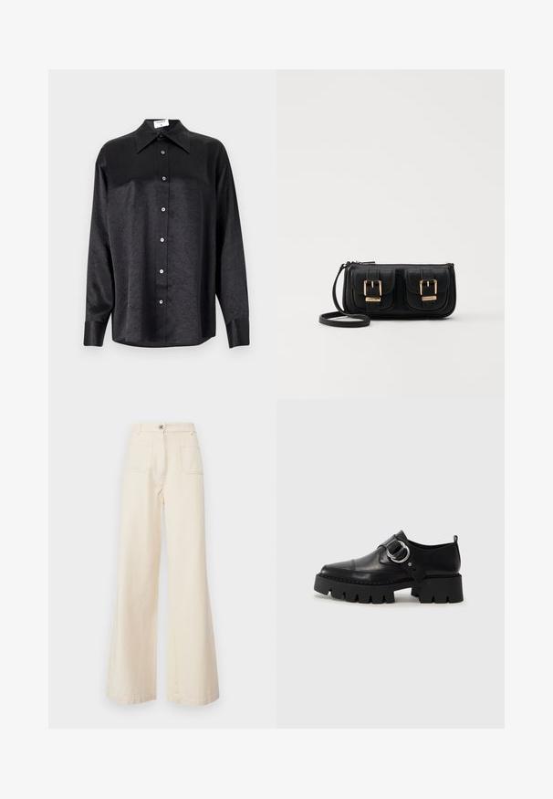 Black long-sleeve shirt with a collared neckline, featuring a crinkled texture, full button front, and cuffs. Made from a smooth fabric.; WEEKEND MaxMara FILTRO - Trousers - ecru; Black leather shoes with a chunky, ribbed sole, featuring a circular silver hardware accent and minimal stitching detail.; Black leather crossbody bag with two front pockets, gold buckles, zipper closure, and a slim strap. Textured surface and compact rectangular shape.