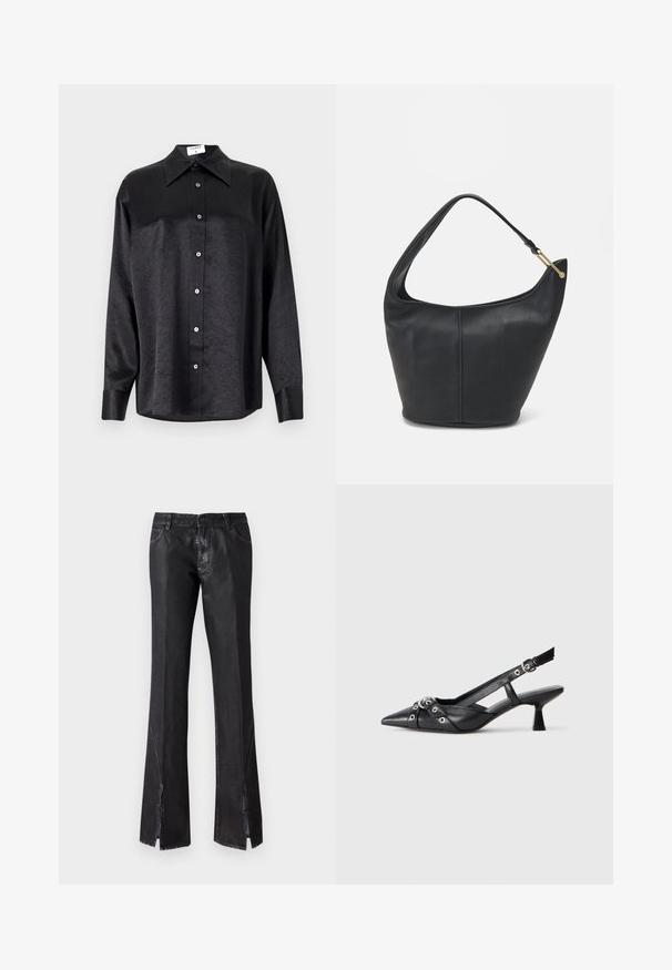 Črna srajca z dolgimi rokavi in ovratnikom, ki ima gubasto teksturo, celotno zapenjanje na gumb in manšete. Izdelana iz gladkega materiala.; Črne široke hlače z sijočo površino, ki imajo dva sprednja žepa in razporke blizu roba, izdelane iz trpežnega materiala.; Črne usnjene sandale središnje zaponke z ostro konico, okrasnimi trakovi z kovinskimi očesi in nizko blokasto peto. Teksturirana površina.; Črna usnjena torbica ovalne oblike, s širokim pasom in teksturirano površino. Ima subtilno šivano podrobnost in zlate dodatke.