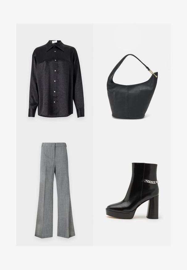 Crna košulja dugih rukava s ovratnikom, s naboranom teksturom, potpuno dugmadi naprijed i manžetama. Izrađena od glatkog materijala.; Sive široke hlače od teksturirane tkanine, s glatkim pojasom i suptilnim uzorkom pruga.; Crne lakirane kožne gležnjače s debelim platformom i visokim blok štiklom. Imaju srebrni lanac kao detalj sa strane. Glatka tekstura.; Crna kožna torba za ruke s zaobljenim oblikom, širokim remenom i teksturiranim završetkom. Sadrži suptilan detalj šava i zlatnu metalnu akcentu.