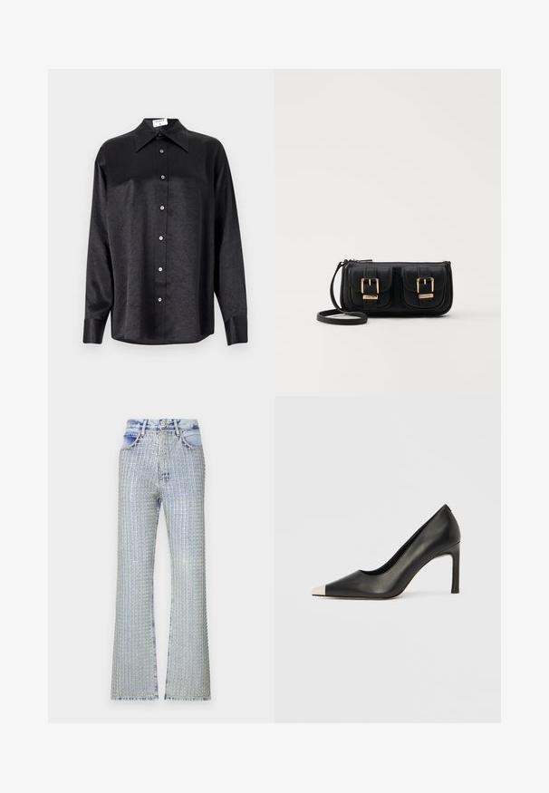 Black long-sleeve shirt with a collared neckline, featuring a crinkled texture, full button front, and cuffs. Made from a smooth fabric.; Light blue denim flared jeans featuring a grid pattern of silver embellishments, with a high-waisted design and frayed hem.; Black leather high heel shoe with a pointed toe and a metallic silver cap. Features a smooth finish and a slender 10 cm heel.; Black leather crossbody bag with two front pockets, gold buckles, zipper closure, and a slim strap. Textured surface and compact rectangular shape.