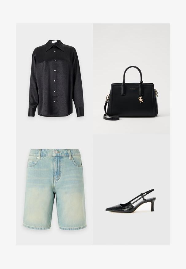 Črna srajca z dolgimi rokavi in ovratnikom, ki ima gubasto teksturo, celotno zapenjanje na gumb in manšete. Izdelana iz gladkega materiala.; Svijetloplave traper kratke hlače s istrošenim izgledom, s dizajnom od pet džepova, vidljivim šavovima i metalnim dugmetom za zatvaranje na pojasu.; Črne lakaste slingback pete s koničastim nosom, ki imajo teksturiran vzorec kačje kože, nastavljiv trak in kratek teksturiran blok peto.; Črna usnjena torbica s strukturirano zasnovo, dvema zgornjima ročajema, odstranjevanim naramnim trakom, zlatim okovjem in dodatkom z logotipom.