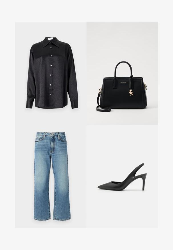 Čierna košeľa s dlhým rukávom a golierom, s pokrčenou textúrou, plne gombíkovou prednou časťou a manžetami. Vyrobená z hladkého materiálu.; Svetlomodré džínsové nohavice so širokým strihom, piatimi vreckami a zapínaním na gombík. Tkanina má jemné zosvetlenia a klasickú textúru.; Čierne kožené slingback vysoké podpätky s dizajnom špicatých špičiek, s výrezom vpredu a tenkým stiletto podpätkom.; Čierna kožená kabelka so štruktúrovaným dizajnom, dvojitými hornými uchami, odnímateľným ramenným popruhom, zlatými kovovými detailmi a akcentom logového prívesku.