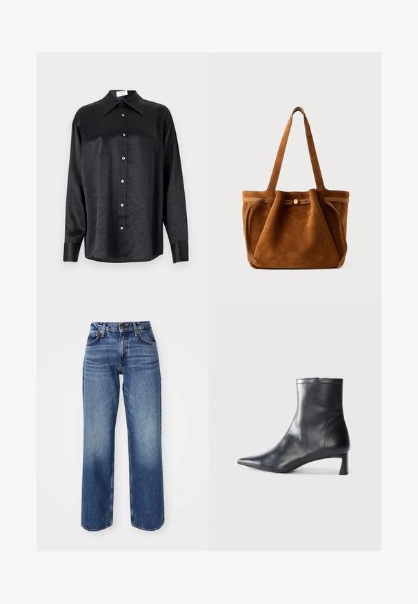 Melnas garām piedurknēm krekls ar apdari, kas piedāvā samocītu tekstūru, pilnu pogu priekšpusi un aproces. Izgatavots no gludas auduma.; Gaiši zili džinsi ar brīvu piegriezumu, kas iezīmē augsto vidukli, taisnām kājām un maigu izbalēšanu. Izgatavoti no denima ar redzamām šuvēm un aprīkojumu.; Melnas ādas potītes zābaki ar norādītu pirkstu un elegantu dizainu. Iezīmē zemu papēdi un rāvējslēdzēja aizdari aizmugurē. Gluda tekstūra.; Brūns zamšs tote soma ar divām roktēm, pogu aizdari un brīvu, nedaudz izplūdušu formu.