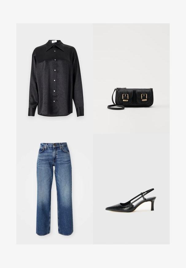 Camisa negra de manga larga con cuello, que presenta una textura arrugada, botón frontal completo y puños. Fabricada en un tejido suave.; Jeans de color azul claro con un corte relajado, que presentan una cintura alta, piernas rectas y un ligero desgastado. Están fabricados en denim con costuras visibles y herrajes.; Tacón slingback negro de charol con punta afilada, que presenta un estampado de serpiente texturizado, correa ajustable y un tacón bloque corto y texturizado.; Bolso cruzado de cuero negro con dos bolsillos frontales, hebillas doradas, cierre de cremallera y una correa delgada. Superficie texturizada y forma rectangular compacta.
