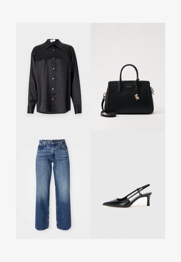 Black long-sleeve shirt with a collared neckline, featuring a crinkled texture, full button front, and cuffs. Made from a smooth fabric.; Light blue jeans with a relaxed fit, featuring a high waist, straight legs, and subtle fading. Made of denim with visible stitching and hardware.; Black patent slingback heel with a pointed toe, featuring textured snake print, adjustable strap, and a short, textured block heel.; Black leather handbag with structured design, dual top handles, detachable shoulder strap, gold hardware, and a logo charm accent.