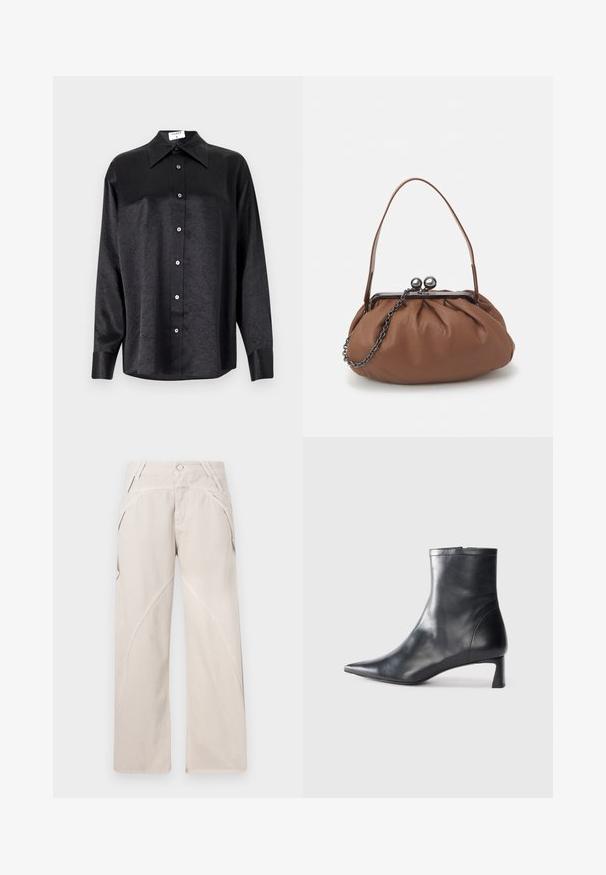 Fekete, hosszú ujjú ing, galléros nyakkal, gyűrött textúrával, teljes gombos elejével és mandzsettákkal. Simaságú anyagból készült.; Beige, bővebb lábú nadrág, pamut keverékből készült, ívelt varratokkal, gombos záródással és oldalsó zsebekkel. Simított elülső rész.; Fekete bőr bokacsizma hegyes orral és letisztult dizájnnal. Alacsony sarka és hátsó cipzáras záródása van. Simának tűnő textúra.; Barna bőr kézitáska, ráncolt dizájnnal, rövid bőr fogantyúval és lánc pánttal. Ezüst fém zárja két kerek díszítéssel rendelkezik.