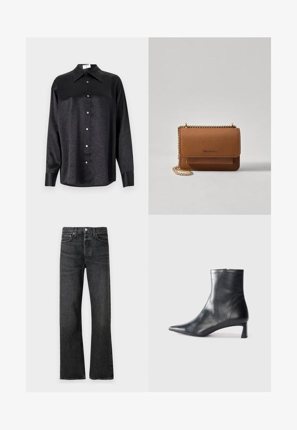Crna košulja dugih rukava s ovratnikom, s naboranom teksturom, potpuno dugmadi naprijed i manžetama. Izrađena od glatkog materijala.; Crne traperice od denima s ravnim krojem, s bakrenim dodacima, klasičnim dizajnom s pet džepova i blago izblajhano teksturo.; Crne kožne gležnjače s uskim vrhom i elegantnim dizajnom. Imaju niski potpetak i zatvaranje na patentni zatvarač straga. Glatka tekstura.; Smeđa kožna torba preko tijela s teksturom, zlatnim lančićem i preklopom na zatvaranju. Na prednjoj strani nalazi se detalj s potpisom i džep ispod preklopa.