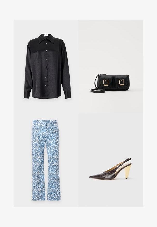 Black long-sleeve shirt with a collared neckline, featuring a crinkled texture, full button front, and cuffs. Made from a smooth fabric.; Flared pants in blue and white floral pattern, featuring a smooth fabric, a zipper fly, and two front pockets.; Pointed-toe slingback heel in dark brown glossy faux crocodile leather. Features a gold-tone geometric heel and adjustable ankle strap.; Black leather crossbody bag with two front pockets, gold buckles, zipper closure, and a slim strap. Textured surface and compact rectangular shape.