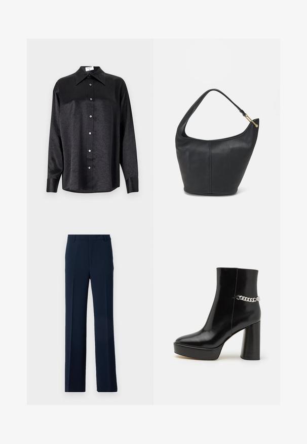 Črna srajca z dolgimi rokavi in ovratnikom, ki ima gubasto teksturo, celotno zapenjanje na gumb in manšete. Izdelana iz gladkega materiala.; Mornarsko modre hlače iz gladkega blaga, z naravnim krojem in stranskimi žepi, ki vsebujejo prednje nabore za urejen videz.; Črne lakirane gležnjarje z debelo platformo in visokim blok peto. Imajo srebrno verigo kot okras ob strani. Gladka tekstura.; Črna usnjena torbica ovalne oblike, s širokim pasom in teksturirano površino. Ima subtilno šivano podrobnost in zlate dodatke.