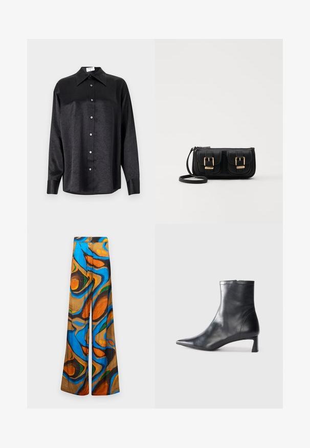 Czarna koszula z długim rękawem i kołnierzykiem, o pogniecionej teksturze, z pełnym zapięciem na guziki z przodu oraz mankietami. Wykonana z gładkiego materiału.; Spodnie szerokie z abstrakcyjnym, wielokolorowym wzorem w odcieniach niebieskiego, pomarańczowego i brązowego. Wykonane z lekkiego materiału o gładkiej strukturze.; Czarne skórzane botki sięgające kostki z ostrym noskiem i eleganckim designem. Posiadają niski obcas oraz zamek błyskawiczny z tyłu. Gładka faktura.; Czarna skórzana torba na ramię z dwoma przednimi kieszeniami, złotymi klamrami, zamkiem błyskawicznym i cienkim paskiem. Teksturowana powierzchnia i kompaktowy prostokątny kształt.