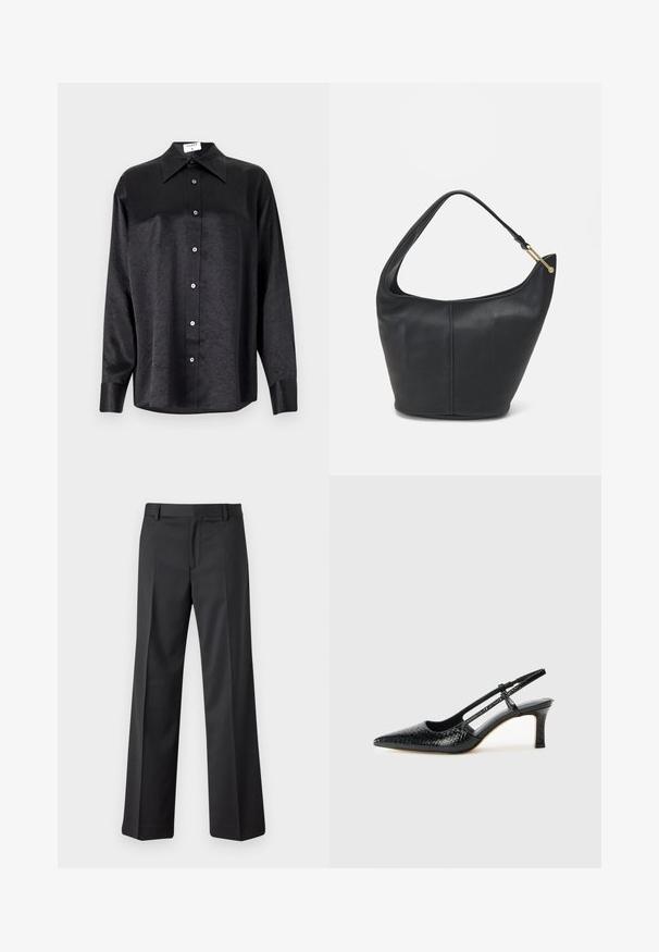 Melnas garām piedurknēm krekls ar apdari, kas piedāvā samocītu tekstūru, pilnu pogu priekšpusi un aproces. Izgatavots no gludas auduma.; Melnas, platas kāju bikses, izgatavotas no gludas auduma. Ar jostasvietu, kurai ir jostas cilpiņas un priekšējiem krokām. Taisns griezums līdz potītēm.; Melna patent āda ar slīdošo papēdi un smailo purngalu, ar teksturētu čūsku drukājumu, regulējamu siksniņu un īsu teksturētu blokpapēdi.; Melnas ādas rokassomi ar noapaļotu formu, platu siksnu un strukturētu apdari. Iezīmējas ar nelielām šuvju detaļām un zelta tonī izstrādātu aparatūru.