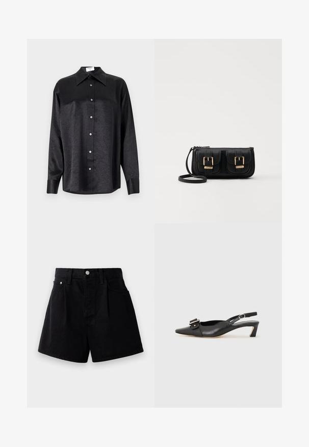 Fekete, hosszú ujjú ing, galléros nyakkal, gyűrött textúrával, teljes gombos elejével és mandzsettákkal. Simaságú anyagból készült.; Fekete farmer rövidnadrág egyenes szabással, gombos záródással, két elülső zsebbel és puha, texturált anyaggal.; Fekete bőr szandál kis sarkú, hegyes orral, díszes csattal a felsőrészen. Simább textúra, minimalista design.; Fekete bőr keresztbody táska két elülső zsebbel, arany csattokkal, cipzáras záródással és vékony pánttal. Textúrált felület és kompakt téglalap alak.
