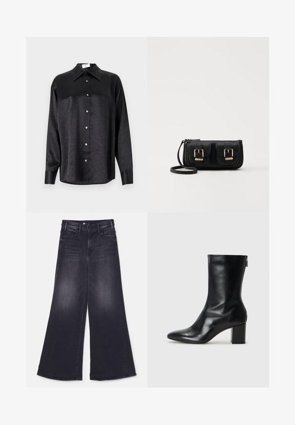 Schwarzes Langarmhemd mit kragenförmigem Halsausschnitt, mit einem zerknitterten Textur, voller Knopfleiste und Manschetten. Hergestellt aus einem glatten Stoff.; Mother LIL HUSTLER ROLLER SNEAK - Wide Leg - not today satan; Schwarze Leder-Ankle-Boots mit spitzer Zehe und 4 cm Blockabsatz. Schlankes Design mit einem seitlichen Reißverschluss für einfaches Anziehen. Glatte Textur.; Schwarze Leder-Umhängetasche mit zwei vorderen Taschen, goldenen Schnallen, Reißverschluss und einem schmalen Tragegurt. Texturierte Oberfläche und kompakte rechteckige Form.