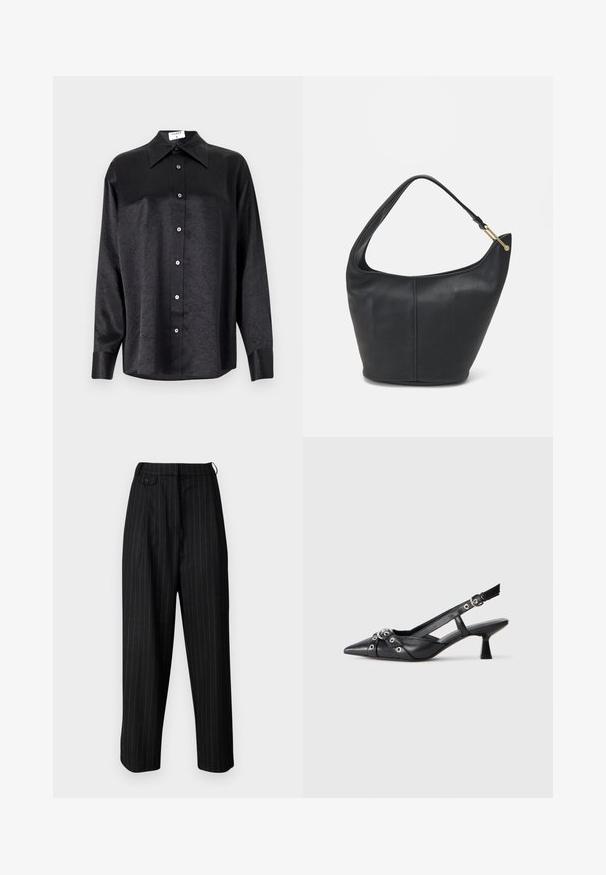 Black long-sleeve shirt with a collared neckline, featuring a crinkled texture, full button front, and cuffs. Made from a smooth fabric.; Black, high-waisted trousers with white pinstripes, featuring pleats, a button closure, and a relaxed fit. Made from smooth material.; Black leather slingback shoe with a pointed toe, decorative straps featuring metal eyelets, and a low block heel. Textured surface.; Black leather handbag with a rounded shape, a wide strap, and a textured finish. Features a subtle seam detail and a gold-tone hardware accent.