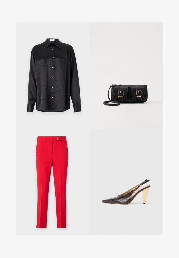 Svart langermet skjorte med krage, som har en rynket tekstur, fullt knappet front og mansjetter. Laget av et glatt stoff.; Røde skræddersyede bukser med en glat stof, tætsiddende pasform og et bælte med en metalspænde. Har skarpe folder og sidelommer.; Spenne-punktet hæl i mørkebrun, blank faux krokodillelær. Har en gullfarge geometrisk hæl og justerbar ankelstropp.; Svart skinn crossbody veske med to frontlommer, gyldne spenner, glidelåslukking og en slank stropp. Teksturert overflate og kompakt rektangulær form.