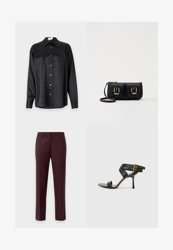 Zwarte blouse met lange mouwen en een kraag, voorzien van een gekreukt oppervlak, volwaardige knopen aan de voorkant en manchetten. Gemaakt van een gladde stof.; Bordeaux op maat gemaakte broek van gladde stof. Heeft een platte voorkant, slim fit en geen zichtbare zakken of versieringen.; Zwarte hoge hak sandaal met gekruiste bandjes en verstelbare gespsluiting. Heeft een gladde textuur en een taps toelopende stilettohak.; Zwarte leren schoudertas met twee vo pockets, gouden gespen, ritsluiting en een smalle band. Tekstuur oppervlak en compacte rechthoekige vorm.