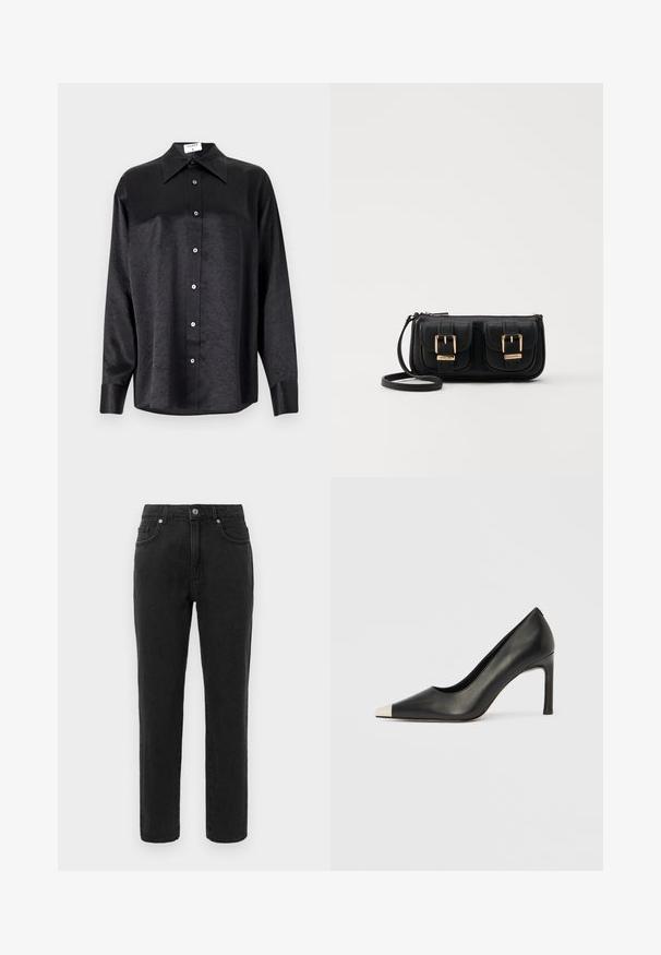 Black long-sleeve shirt with a collared neckline, featuring a crinkled texture, full button front, and cuffs. Made from a smooth fabric.; Black denim jeans with a straight leg design, standard five-pocket styling, and a button closure. Features subtle stitching details.; Black leather high heel shoe with a pointed toe and a metallic silver cap. Features a smooth finish and a slender 10 cm heel.; Black leather crossbody bag with two front pockets, gold buckles, zipper closure, and a slim strap. Textured surface and compact rectangular shape.