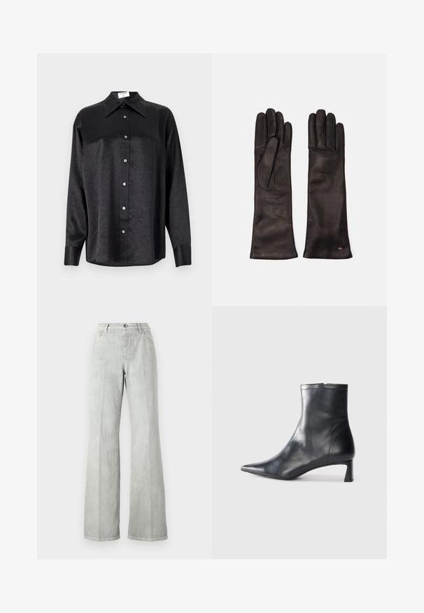 Sort langærmet skjorte med krave, der har en krøllet tekstur, fuld knaplukning foran og manchetter. Lavet af et glat stof.; Lys grå flared jeans, lavet af denim, med høj talje, fem-lomme design og en ren finish med minimalt syninger.; Sort læder ankelstøvle med spids tå og et strømlinet design. Har en lav hæl og en lynlås lukning bagpå. Glat tekstur.; Weekend Max Mara SENAPE - Handsker - nero