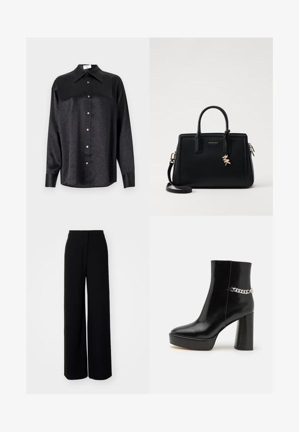 Crna košulja dugih rukava s ovratnikom, s naboranom teksturom, potpuno dugmadi naprijed i manžetama. Izrađena od glatkog materijala.; Crne široke hlače visokog struka, glatkog materijala, s prednjim kopčanjem na dugme i bez vidljivih džepova, s krojem prilagođenim figuri.; Crne lakirane kožne gležnjače s debelim platformom i visokim blok štiklom. Imaju srebrni lanac kao detalj sa strane. Glatka tekstura.; Crna kožna torba s strukturiranim dizajnom, dvostrukim gornjim ručkama, odvojivim remenom za rame, zlatnim detaljima i akcentom s logom.