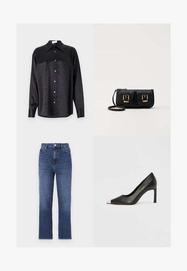 Zwarte blouse met lange mouwen en een kraag, voorzien van een gekreukt oppervlak, volwaardige knopen aan de voorkant en manchetten. Gemaakt van een gladde stof.; Blauwe rechte spijkerbroek van denim, met een hoge taille, vijf-pocket ontwerp en een metalen knoopsluiting bij de taille.; Zwarte leren hoge hak met een spits toelopende neus en een metalen zilverkleurige kap. Heeft een gladde afwerking en een slanke hak van 10 cm.; Zwarte leren schoudertas met twee vo pockets, gouden gespen, ritsluiting en een smalle band. Tekstuur oppervlak en compacte rechthoekige vorm.