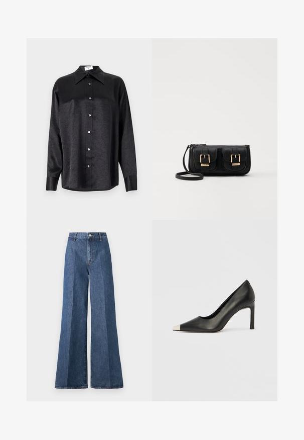 Čierna košeľa s dlhým rukávom a golierom, s pokrčenou textúrou, plne gombíkovou prednou časťou a manžetami. Vyrobená z hladkého materiálu.; Džínsy s širokými nohavicami modrej farby s vysokým pásom, s klasickým päťpriestorovým štýlom a zapínaním na gombík, vyrobené z textúrovanej bavlnenej tkaniny.; Čierna kožená lodička s vysokým opätkom, špičkou a kovovou striebornou špičkou. Má hladký povrch a štíhly 10 cm opätok.; Čierna kožená crossbody taška s dvoma prednými vreckami, zlatými sponami, zipsovým uzatváraním a úzkym popruhom. Štruktúrovaný povrch a kompaktný obdĺžnikový tvar.