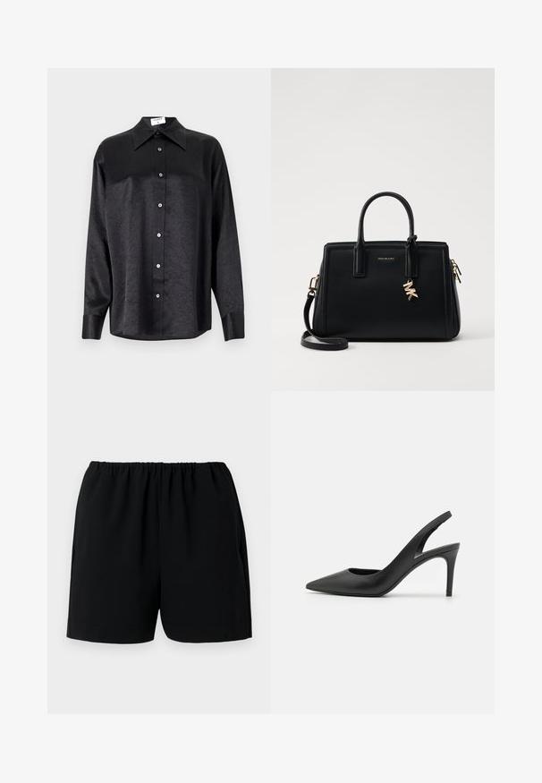 Čierna košeľa s dlhým rukávom a golierom, s pokrčenou textúrou, plne gombíkovou prednou časťou a manžetami. Vyrobená z hladkého materiálu.; Čierne kraťasy s elastickým pásom, vyrobené z ľahkého materiálu. Majú jednoduchý dizajn s rovnými nohavicami a bez viditeľných vzorov.; Čierne kožené slingback vysoké podpätky s dizajnom špicatých špičiek, s výrezom vpredu a tenkým stiletto podpätkom.; Čierna kožená kabelka so štruktúrovaným dizajnom, dvojitými hornými uchami, odnímateľným ramenným popruhom, zlatými kovovými detailmi a akcentom logového prívesku.