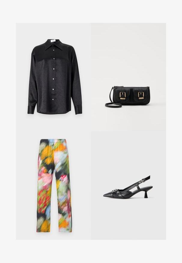 Črna srajca z dolgimi rokavi in ovratnikom, ki ima gubasto teksturo, celotno zapenjanje na gumb in manšete. Izdelana iz gladkega materiala.; Hlače z cvetličnim vzorcem, lahke in z elastičnim pasom, ki vsebujejo mešanico živahnih barv, vključno z rožnato, rumeno, zeleno in modro.; Črne usnjene sandale središnje zaponke z ostro konico, okrasnimi trakovi z kovinskimi očesi in nizko blokasto peto. Teksturirana površina.; Črna usnjena torbica čez ramo z dvema sprednjima žepoma, zlatimi zaponkami, zadrgo in ozkim pasom. Tekstura površine je strukturirana, obliko pa ima kompaktno pravokotno.