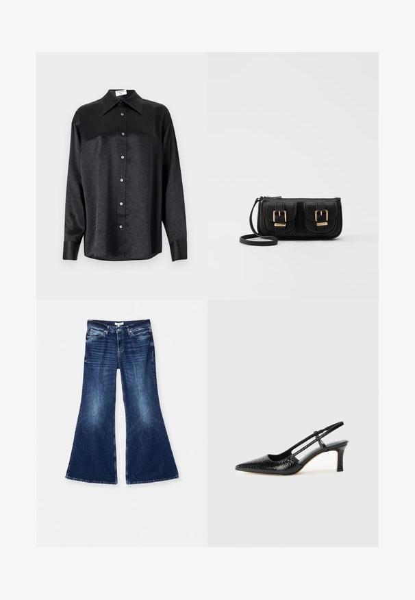 Chemise noire à manches longues avec un col, présentant une texture froissée, une fermeture à boutons sur le devant et des poignets. Fabriquée en tissu lisse.; RE/DONE BAGGY FLARE - Jean flare - monterey fade; Escarpin slingback en vernis noir avec un bout pointu, présentant un imprimé serpent texturé, une sangle réglable et un petit talon bloc texturé.; Sac en cuir noir porté en travers avec deux poches avant, boucles dorées, fermeture zippée et une sangle fine. Surface texturée et forme rectangulaire compacte.