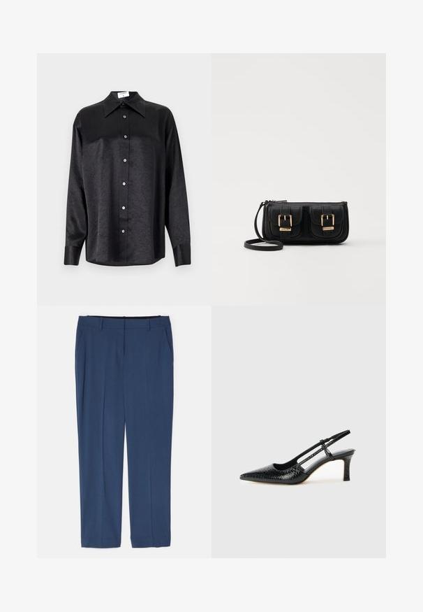 Črna srajca z dolgimi rokavi in ovratnikom, ki ima gubasto teksturo, celotno zapenjanje na gumb in manšete. Izdelana iz gladkega materiala.; Theory TREECA - Hlače - ash blue; Črne lakaste slingback pete s koničastim nosom, ki imajo teksturiran vzorec kačje kože, nastavljiv trak in kratek teksturiran blok peto.; Črna usnjena torbica čez ramo z dvema sprednjima žepoma, zlatimi zaponkami, zadrgo in ozkim pasom. Tekstura površine je strukturirana, obliko pa ima kompaktno pravokotno.