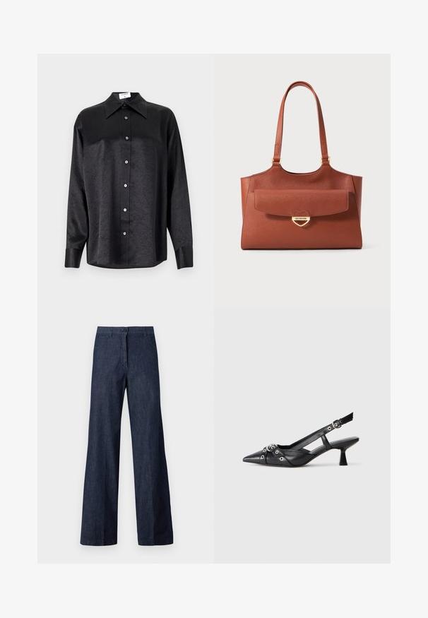 Black long-sleeve shirt with a collared neckline, featuring a crinkled texture, full button front, and cuffs. Made from a smooth fabric.; Dark denim wide-leg pants featuring a front button closure, two side pockets, and a smooth texture. The fabric has a subtle sheen.; Black leather slingback shoe with a pointed toe, decorative straps featuring metal eyelets, and a low block heel. Textured surface.; Brown leather tote bag with long handles, front flap pocket, and gold heart-shaped clasp engraved with "Love Moschino."
